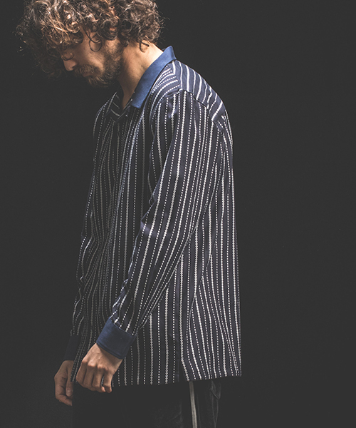 Jih Nunc(ジーヌンク)の「ms3828-インディゴ硫化染めドビーシャツ(シャツ/ブラウス・メンズ・ブラック/ネイビー・S/M/L)」の12枚目の写真