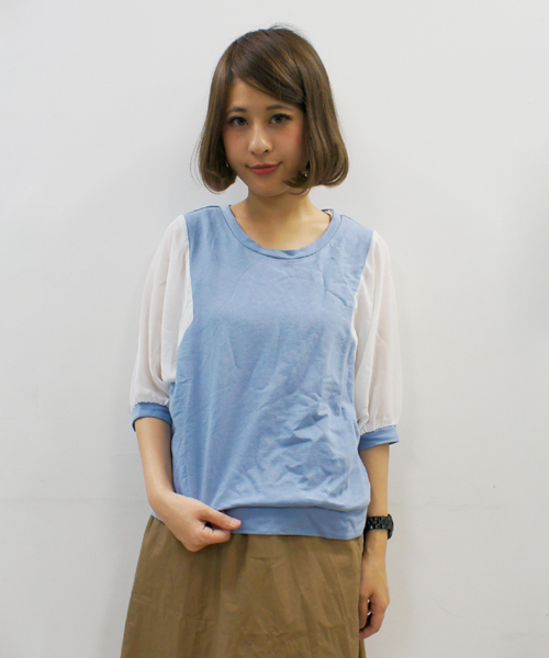 CIAOPANIC（チャオパニック）の「【Ciaopanic】袖シフォンミニ裏毛（Tシャツ/カットソー・レディース・アイボリー/ブラック/グレー/サックスブルー/ネイビー/オフホワイト・FREE）」の2枚目の写真