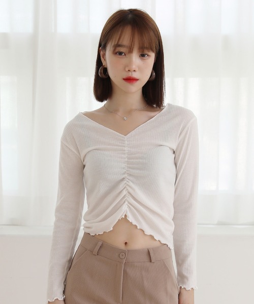 クロップ Vネック リブシャーリング 長袖ｔシャツ ショート丈フリルロングｔシャツ Tシャツ カットソー By Muni R バイ ムニール のファッション通販 Zozotown
