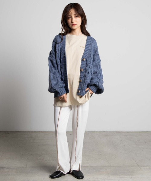 WEGO（ウィゴー）の「WEGO/ボリューム袖ケーブルミドルカーディガン（カーディガン/ボレロ・レディース・ブラウン/オリーブ/ブルー/ライトベージュ/ホワイト/ライトピンク・FREE）」の14枚目の写真