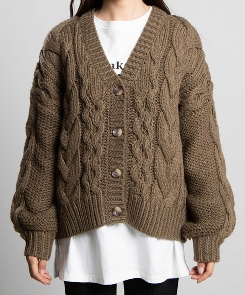 WEGO（ウィゴー）の「WEGO/ボリューム袖ケーブルミドルカーディガン（カーディガン/ボレロ・レディース・ブラウン/オリーブ/ブルー/ライトベージュ/ホワイト/ライトピンク・FREE）」の12枚目の写真