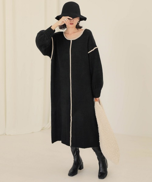 Bab（バブ）の「【WEB限定】配色パイピングニットワンピース（ワンピース・レディース・モカ/ベージュ/ブラック・FREE）」の2枚目の写真