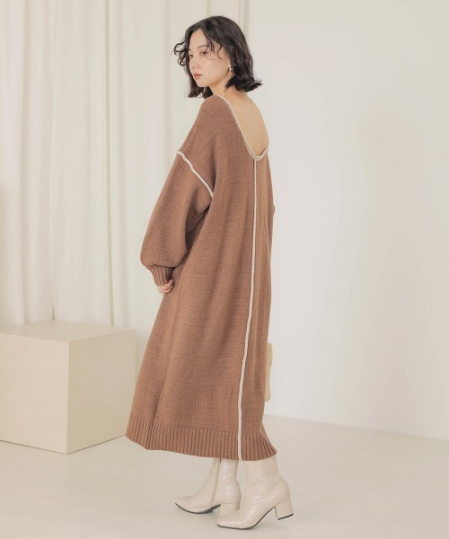 Bab（バブ）の「【WEB限定】配色パイピングニットワンピース（ワンピース・レディース・モカ/ベージュ/ブラック・FREE）」の12枚目の写真