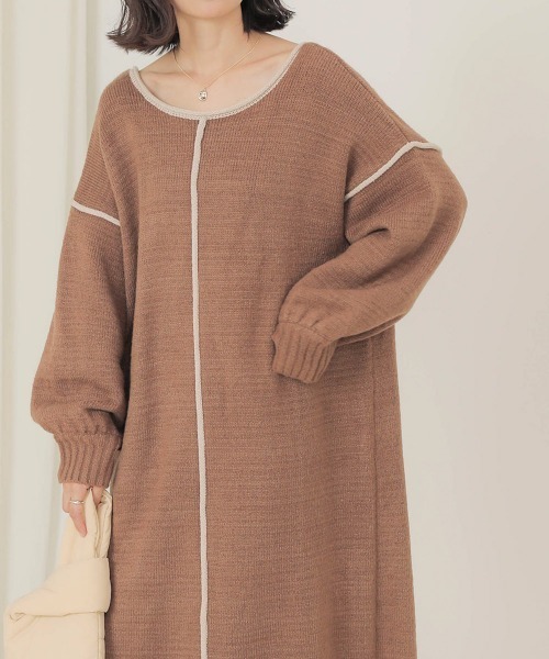 Bab（バブ）の「【WEB限定】配色パイピングニットワンピース（ワンピース・レディース・モカ/ベージュ/ブラック・FREE）」の13枚目の写真