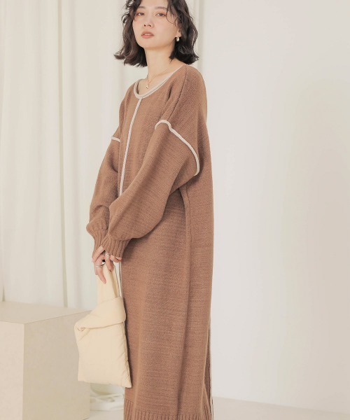 Bab（バブ）の「【WEB限定】配色パイピングニットワンピース（ワンピース・レディース・モカ/ベージュ/ブラック・FREE）」の15枚目の写真