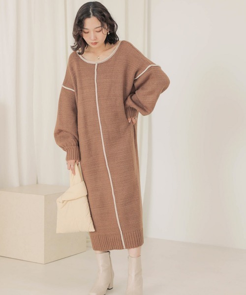 Bab（バブ）の「【WEB限定】配色パイピングニットワンピース（ワンピース・レディース・モカ/ベージュ/ブラック・FREE）」の4枚目の写真