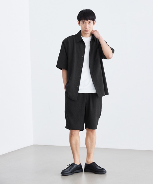 Loungewear tokyo（ラウンジウェアトウキョウ）の「【セットアップ】麻風シャンブレーリラックス レギュラーカラー半袖シャツ＆イージーショートパンツ ワンマイルウェア（セットアップ・メンズ・ブラック/ベージュ/ネイビー/カーキ/グレー系その他/キナリ・M/L/XL）」の3枚目の写真