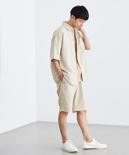 Loungewear tokyo（ラウンジウェアトウキョウ）の「【セットアップ】麻風シャンブレーリラックス レギュラーカラー半袖シャツ＆イージーショートパンツ ワンマイルウェア（セットアップ・メンズ・ブラック/ベージュ/ネイビー/カーキ/グレー系その他/キナリ・M/L/XL）」の13枚目の写真