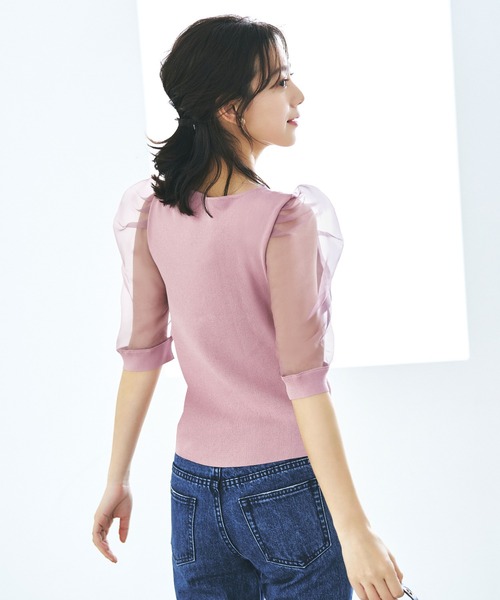 セール】洗える ｜ シースルースリーブサマーニット ｜ Vネック