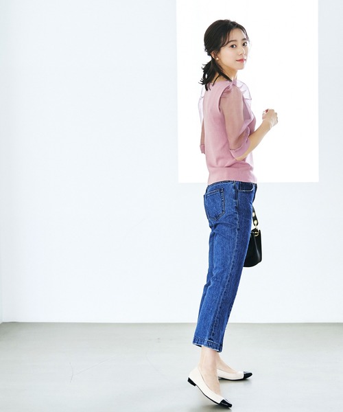 RUIRUE BOUTIQUE(ルイルエブティック)の「洗える | シースルースリーブサマーニット | Vネック トップス 半袖 パフスリーブ ボリュームスリーブ シアー オーガンジー(Tシャツ/カットソー・レディース・ブラック/オフホワイト/ピンク・S/M/L)」の16枚目の写真