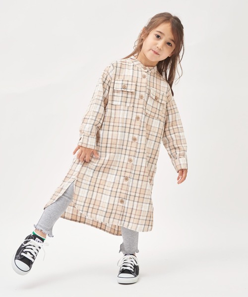 RUGGEDWORKS(ラゲッドワークス)の「《親子お揃い》 前開きノーカラーチェックワンピース(シャツワンピース・キッズ・ネイビー/ベージュ・SMALL/MEDIUM/LARGE/X-LARGE/X-SMALL)」の1枚目の写真