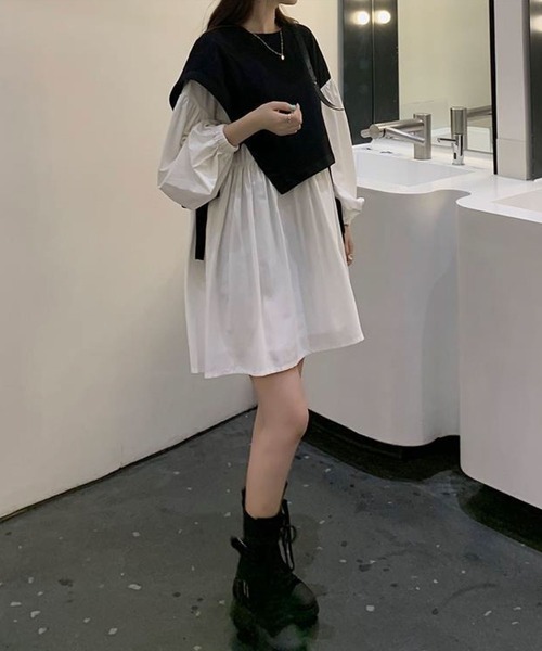 meJane（ミージェーン）の「レイヤード風サイドリボン配色切り替えミニワンピース（ワンピース・レディース・ホワイト・FREE）」の3枚目の写真