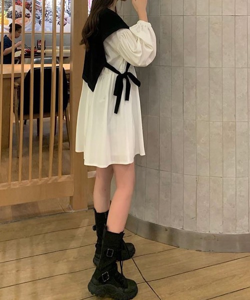 meJane（ミージェーン）の「レイヤード風サイドリボン配色切り替えミニワンピース（ワンピース・レディース・ホワイト・FREE）」の6枚目の写真