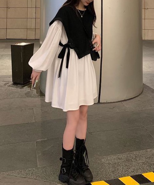 meJane（ミージェーン）の「レイヤード風サイドリボン配色切り替えミニワンピース（ワンピース・レディース・ホワイト・FREE）」の4枚目の写真