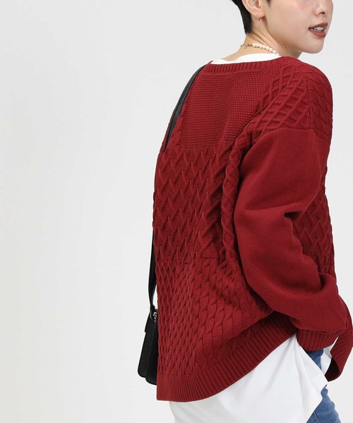 HONEYSUCKLE ROSE（ハニーサックルローズ）の「【HONEYSUCKLE ROSE】洗える軽ふわ柄切替ニット（ニット/セーター・レディース・ライトベージュ/オフホワイト/レッド・M/L/S）」の12枚目の写真