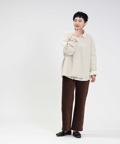 HONEYSUCKLE ROSE（ハニーサックルローズ）の「【HONEYSUCKLE ROSE】洗える軽ふわ柄切替ニット（ニット/セーター・レディース・ライトベージュ/オフホワイト/レッド・M/L/S）」の4枚目の写真