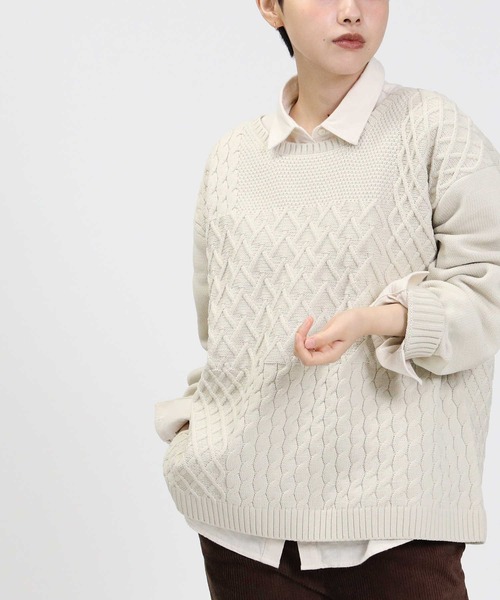 HONEYSUCKLE ROSE（ハニーサックルローズ）の「【HONEYSUCKLE ROSE】洗える軽ふわ柄切替ニット（ニット/セーター・レディース・ライトベージュ/オフホワイト/レッド・M/L/S）」の6枚目の写真