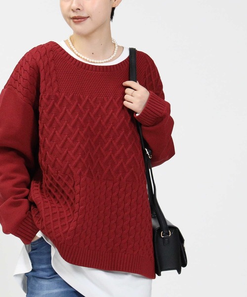 HONEYSUCKLE ROSE（ハニーサックルローズ）の「【HONEYSUCKLE ROSE】洗える軽ふわ柄切替ニット（ニット/セーター・レディース・ライトベージュ/オフホワイト/レッド・M/L/S）」の11枚目の写真