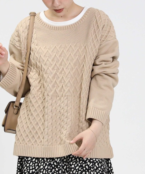 HONEYSUCKLE ROSE（ハニーサックルローズ）の「【HONEYSUCKLE ROSE】洗える軽ふわ柄切替ニット（ニット/セーター・レディース・ライトベージュ/オフホワイト/レッド・M/L/S）」の7枚目の写真