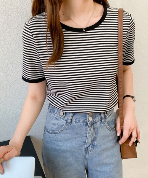Diosfront(ディオスフロント)の「配色パイピングボーダーロンTee(Tシャツ/カットソー・レディース・ブラック/ブラウン/ブルー/グリーン・M/L)」の1枚目の写真
