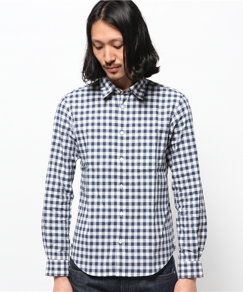 JOURNAL STANDARD（ジャーナルスタンダード）の「レザーパイピングビッグギンガムシャツ ##（シャツ/ブラウス・メンズ・ネイビー/ライトブルー・SMALL/LARGE/MEDIUM）」の3枚目の写真