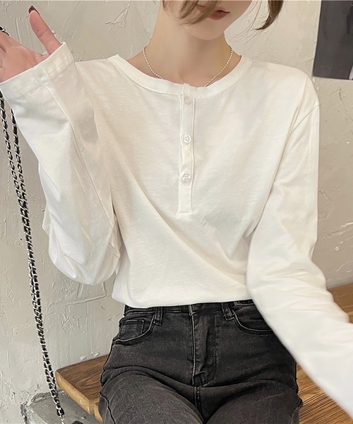 Girly Doll(ガーリードール)の「ヘンリーネックカットソー(Tシャツ/カットソー・レディース・ホワイト/ブラック/グレー/キャメル・F)」の5枚目の写真