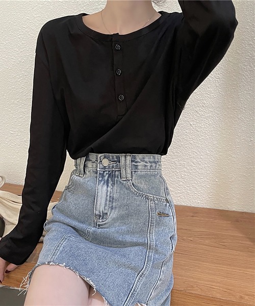 Girly Doll(ガーリードール)の「ヘンリーネックカットソー(Tシャツ/カットソー・レディース・ホワイト/ブラック/グレー/キャメル・F)」の7枚目の写真