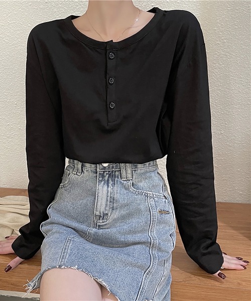 Girly Doll(ガーリードール)の「ヘンリーネックカットソー(Tシャツ/カットソー・レディース・ホワイト/ブラック/グレー/キャメル・F)」の8枚目の写真