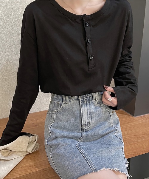 Girly Doll(ガーリードール)の「ヘンリーネックカットソー(Tシャツ/カットソー・レディース・ホワイト/ブラック/グレー/キャメル・F)」の9枚目の写真