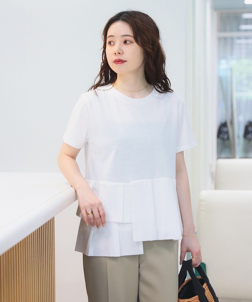 異素材ブロッキングプルオーバーカットソー アシンメトリー 異素材プルオーバー（Tシャツ/カットソー