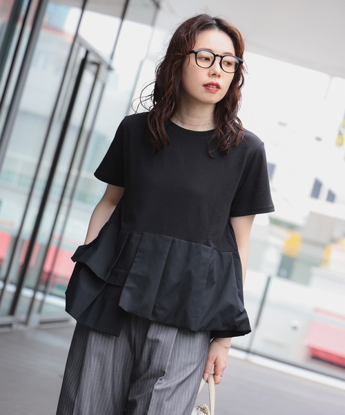 セール】アシンメトリー 異素材プルオーバー（Tシャツ