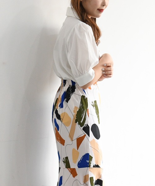 sango（sango）の「デシンアートプリント切替マーメイドスカート（スカート・レディース・オフホワイト/ブラック・FREE）」の8枚目の写真