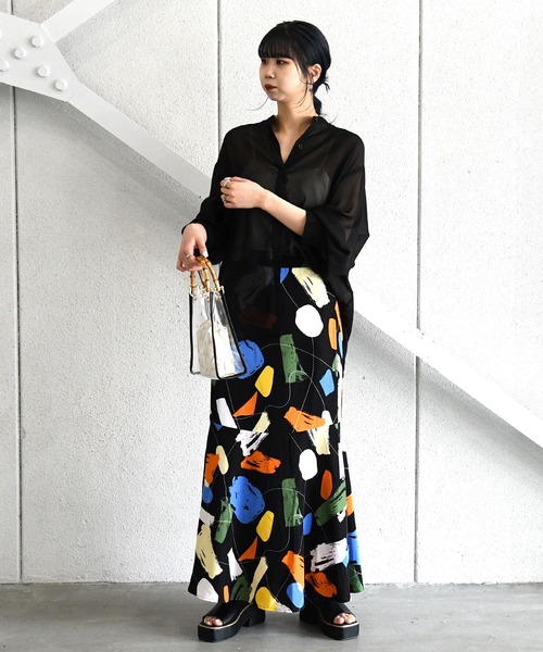 sango（sango）の「デシンアートプリント切替マーメイドスカート（スカート・レディース・オフホワイト/ブラック・FREE）」の5枚目の写真