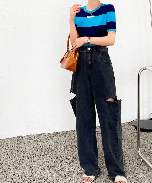 AsRiRe（アスリレイ）の「【AsRiRe】ダメージワイドデニムパンツ（デニムパンツ・レディース・ブラック/サックスブルー・S/M/L）」の9枚目の写真