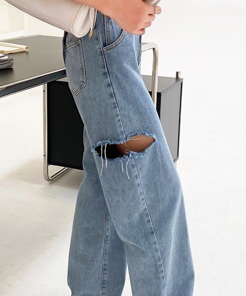 AsRiRe（アスリレイ）の「【AsRiRe】ダメージワイドデニムパンツ（デニムパンツ・レディース・ブラック/サックスブルー・S/M/L）」の6枚目の写真