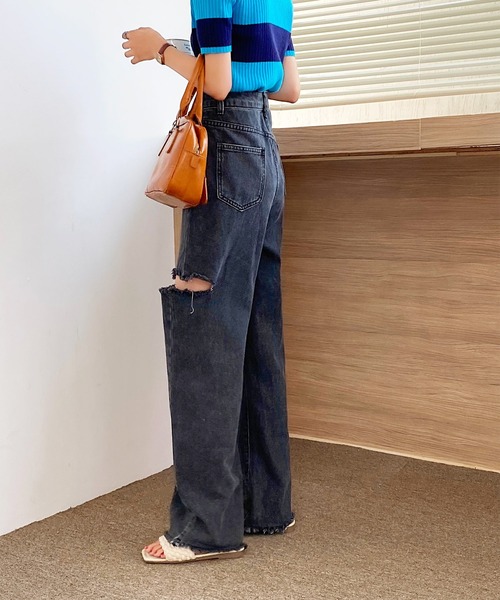 AsRiRe（アスリレイ）の「【AsRiRe】ダメージワイドデニムパンツ（デニムパンツ・レディース・ブラック/サックスブルー・S/M/L）」の5枚目の写真