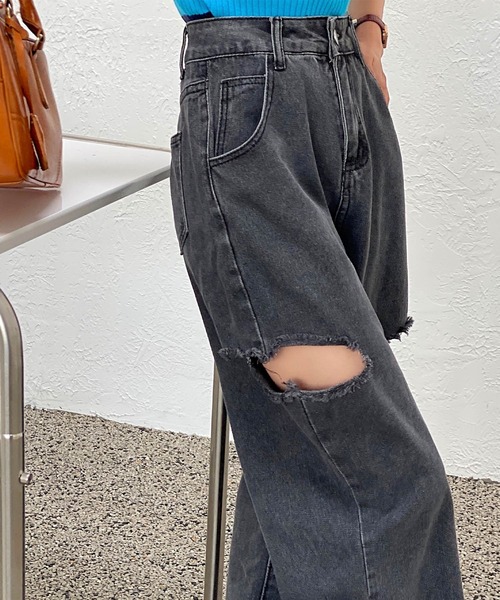 AsRiRe（アスリレイ）の「【AsRiRe】ダメージワイドデニムパンツ（デニムパンツ・レディース・ブラック/サックスブルー・S/M/L）」の7枚目の写真