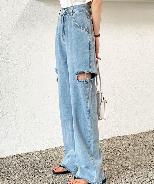 AsRiRe（アスリレイ）の「【AsRiRe】ダメージワイドデニムパンツ（デニムパンツ・レディース・ブラック/サックスブルー・S/M/L）」の10枚目の写真