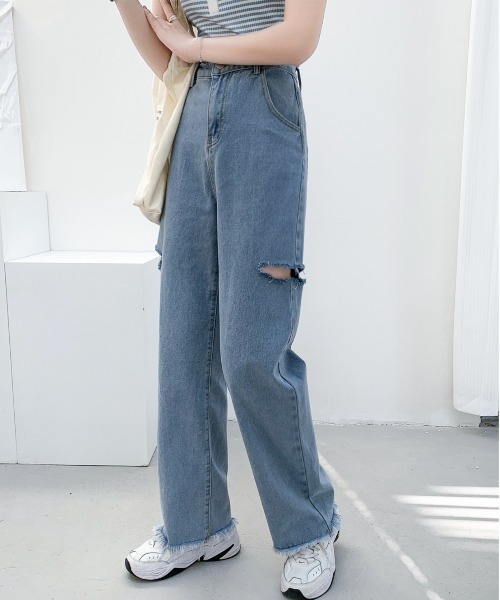 AsRiRe（アスリレイ）の「【AsRiRe】ダメージワイドデニムパンツ（デニムパンツ・レディース・ブラック/サックスブルー・S/M/L）」の14枚目の写真