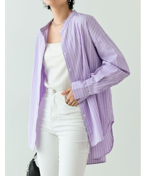 Re:EDIT（リエディ）の「マルチストライプバンドカラーオーバーサイズシャツ（シャツ/ブラウス・レディース・ラベンダー/ブラック/ブルー/ブラウン・MEDIUM/LARGE）」の4枚目の写真