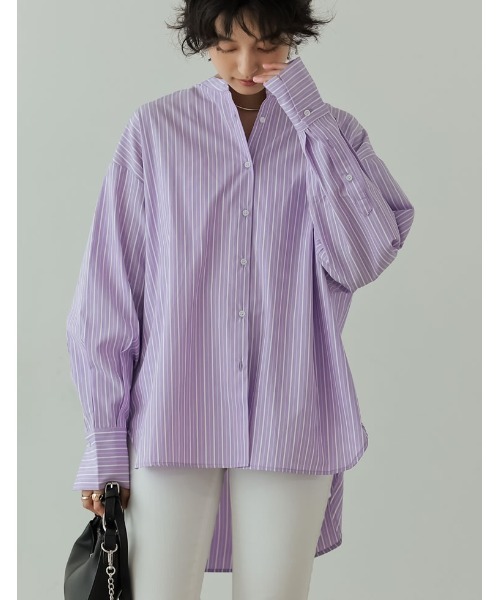 Re:EDIT（リエディ）の「マルチストライプバンドカラーオーバーサイズシャツ（シャツ/ブラウス・レディース・ラベンダー/ブラック/ブルー/ブラウン・MEDIUM/LARGE）」の12枚目の写真