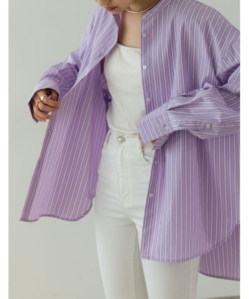 Re:EDIT（リエディ）の「マルチストライプバンドカラーオーバーサイズシャツ（シャツ/ブラウス・レディース・ラベンダー/ブラック/ブルー/ブラウン・MEDIUM/LARGE）」の17枚目の写真