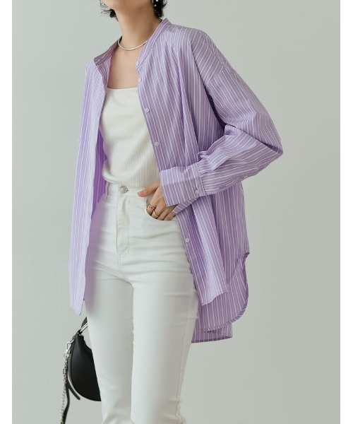 Re:EDIT（リエディ）の「マルチストライプバンドカラーオーバーサイズシャツ（シャツ/ブラウス・レディース・ラベンダー/ブラック/ブルー/ブラウン・MEDIUM/LARGE）」の8枚目の写真