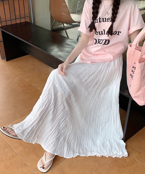 shopnikoniko（ショップニコニコ）の「＼丈が選べる／ ロングスカート 白 黒 フレア Aライン ストレッチ  シワ くしゅくしゅ チュールスカート（スカート・レディース・ホワイト/ブラック・ｼｮｰﾄ/ﾛﾝｸﾞ）」の12枚目の写真