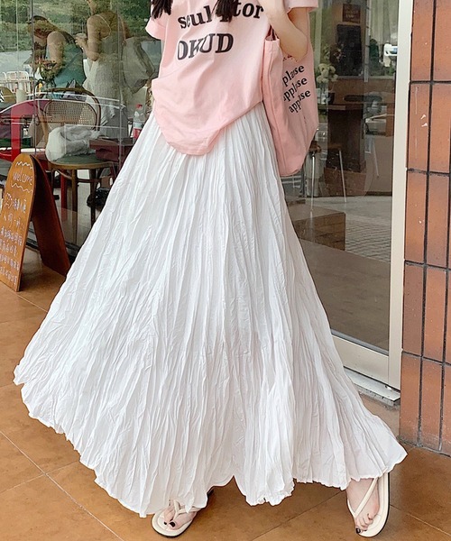 shopnikoniko（ショップニコニコ）の「＼丈が選べる／ ロングスカート 白 黒 フレア Aライン ストレッチ  シワ くしゅくしゅ チュールスカート（スカート・レディース・ホワイト/ブラック・ｼｮｰﾄ/ﾛﾝｸﾞ）」の13枚目の写真