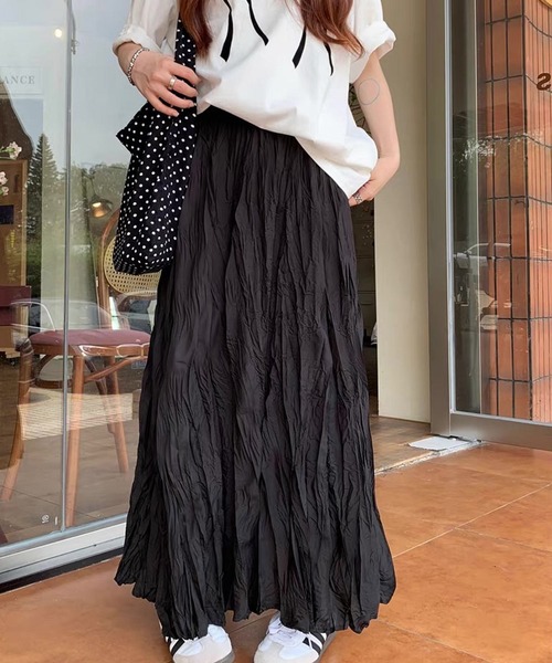 shopnikoniko（ショップニコニコ）の「＼丈が選べる／ ロングスカート 白 黒 フレア Aライン ストレッチ  シワ くしゅくしゅ チュールスカート（スカート・レディース・ホワイト/ブラック・ｼｮｰﾄ/ﾛﾝｸﾞ）」の20枚目の写真