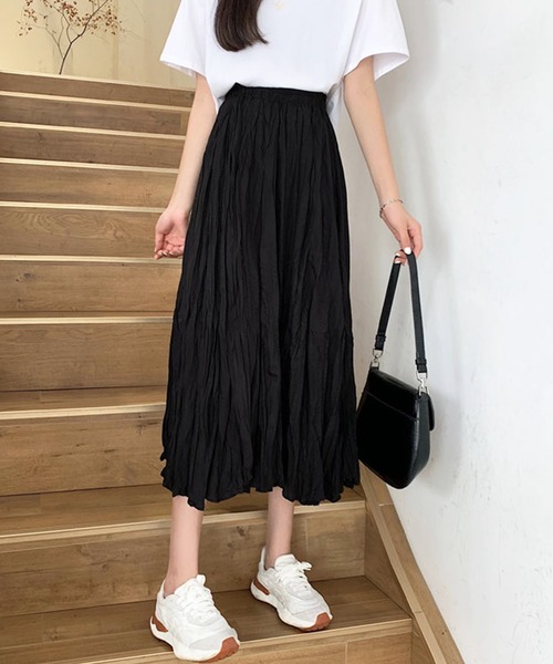 shopnikoniko（ショップニコニコ）の「＼丈が選べる／ ロングスカート 白 黒 フレア Aライン ストレッチ  シワ くしゅくしゅ チュールスカート（スカート・レディース・ホワイト/ブラック・ｼｮｰﾄ/ﾛﾝｸﾞ）」の9枚目の写真