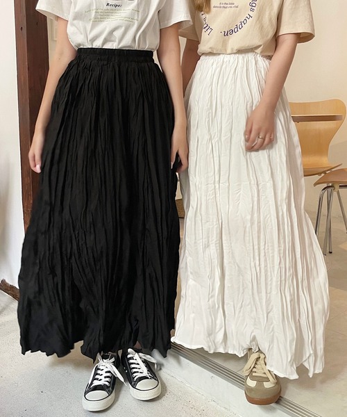 shopnikoniko（ショップニコニコ）の「＼丈が選べる／ ロングスカート 白 黒 フレア Aライン ストレッチ  シワ くしゅくしゅ チュールスカート（スカート・レディース・ホワイト/ブラック・ｼｮｰﾄ/ﾛﾝｸﾞ）」の22枚目の写真