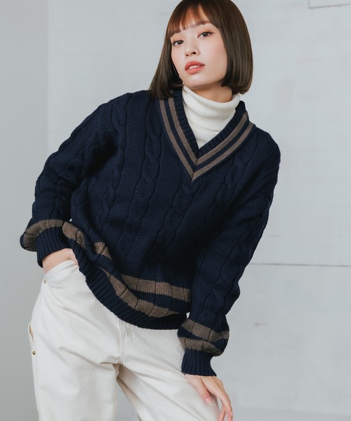 Oldderby Knitwear（オールダービーニットウェア）の「OLDDERBY KNITWEAR/オールドダービーニットウェア クリケットロングスリーブプルオーバー チルデンニット（ニット/セーター・メンズ・ナチュラル/グレイッシュベージュ/ネイビー・M/S）」の3枚目の写真