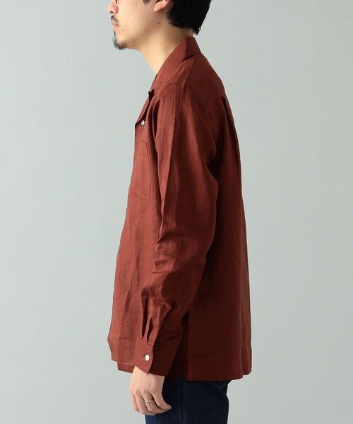 現行/美品　ビームスエフ　リネンカプリシャツ　ブラウン シャンブレー L相当 コットン シャンブレー レギュラーカラーシャツ（シャツ